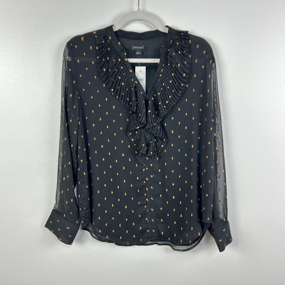 NEW Ann Taylor Black Metallic Gold Shimmery Chiffon Blouse Women’s Size Small